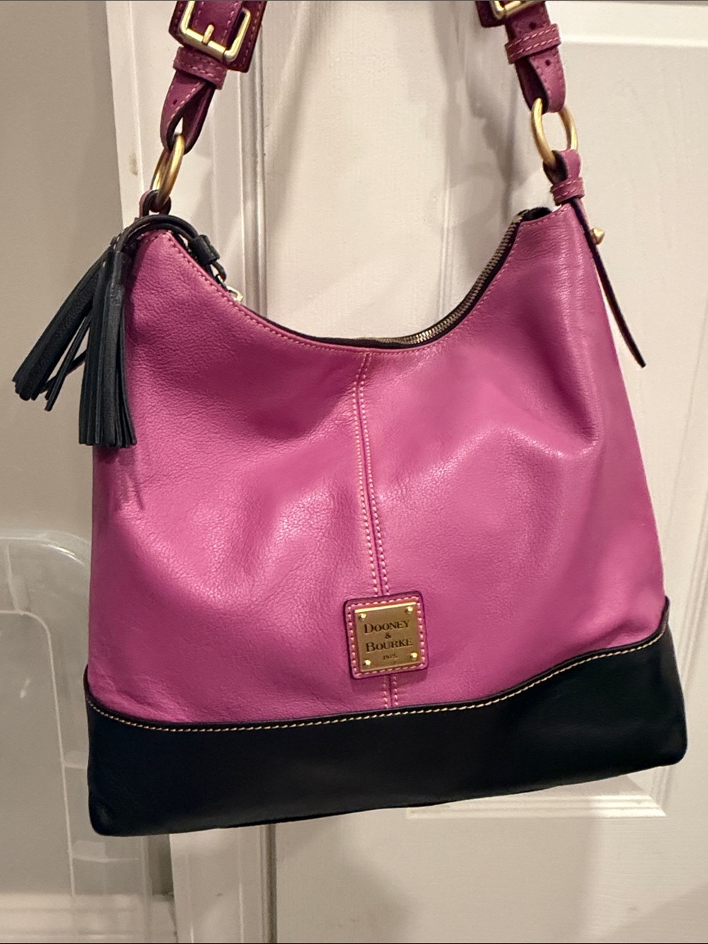 Dooney & Bourke Pink and Black Leather Shoulder Bag with Tassel